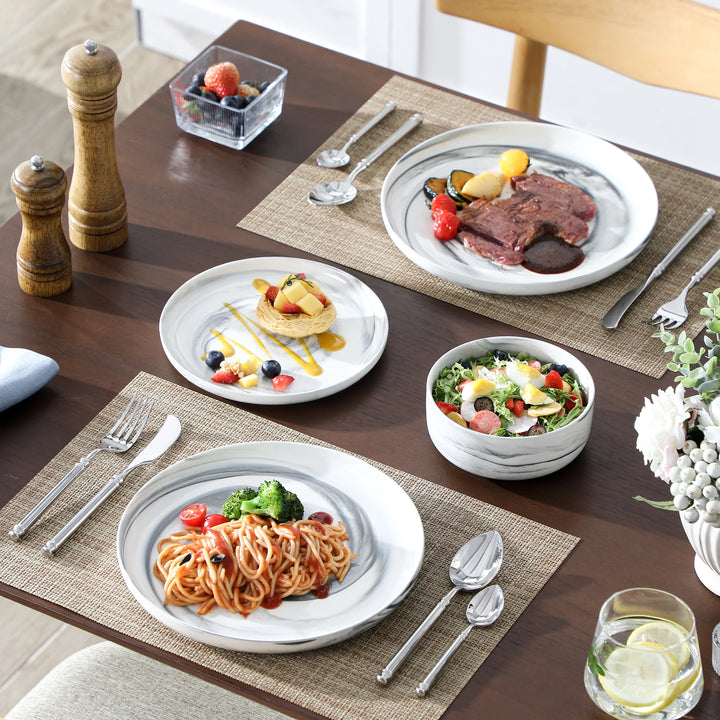 MALACASA Luna Series 24-Piece Marble Porcelain Dinnerware Set with 8 Pcs Dinner/Dessert Plates, Bowl Tableware Set Service for 4