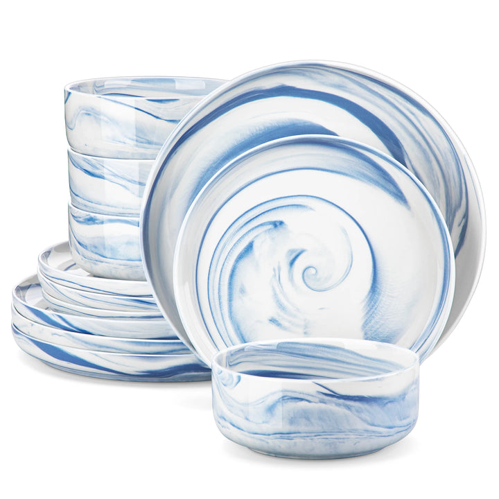 MALACASA Luna Series 24-Piece Marble Porcelain Dinnerware Set with 8 Pcs Dinner/Dessert Plates, Bowl Tableware Set Service for 4