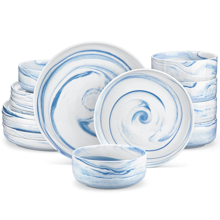 MALACASA Luna Series 18-Piece Ceramic Porcelain Dinnerware Set with 6 Pcs Dinner/Dessert Plates, Bowl Tableware Set Service for