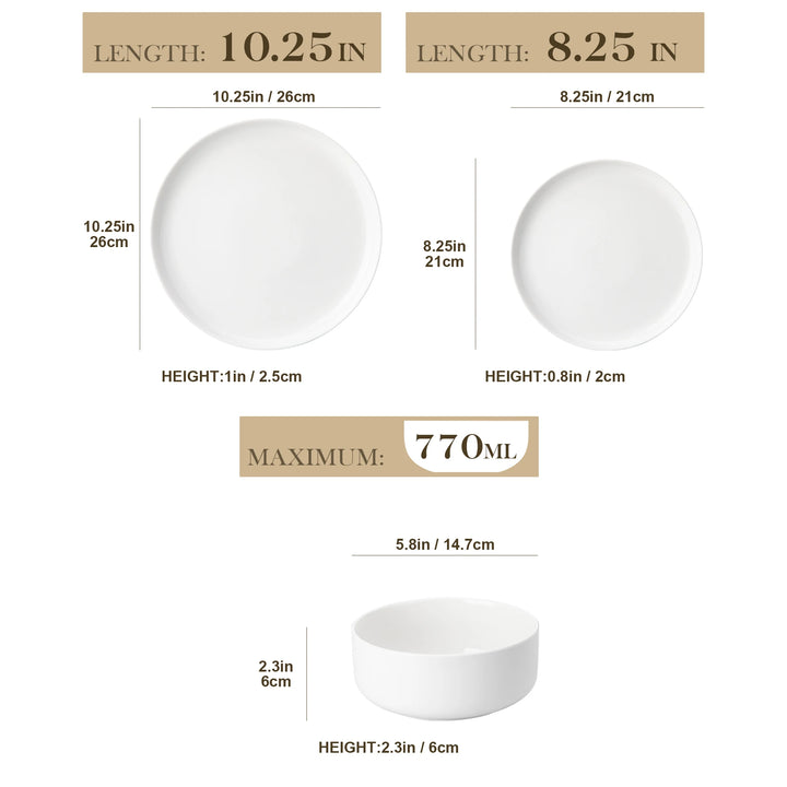 MALACASA Luna Series 18-Piece Ceramic Porcelain Dinnerware Set with 6 Pcs Dinner/Dessert Plates, Bowl Tableware Set Service for