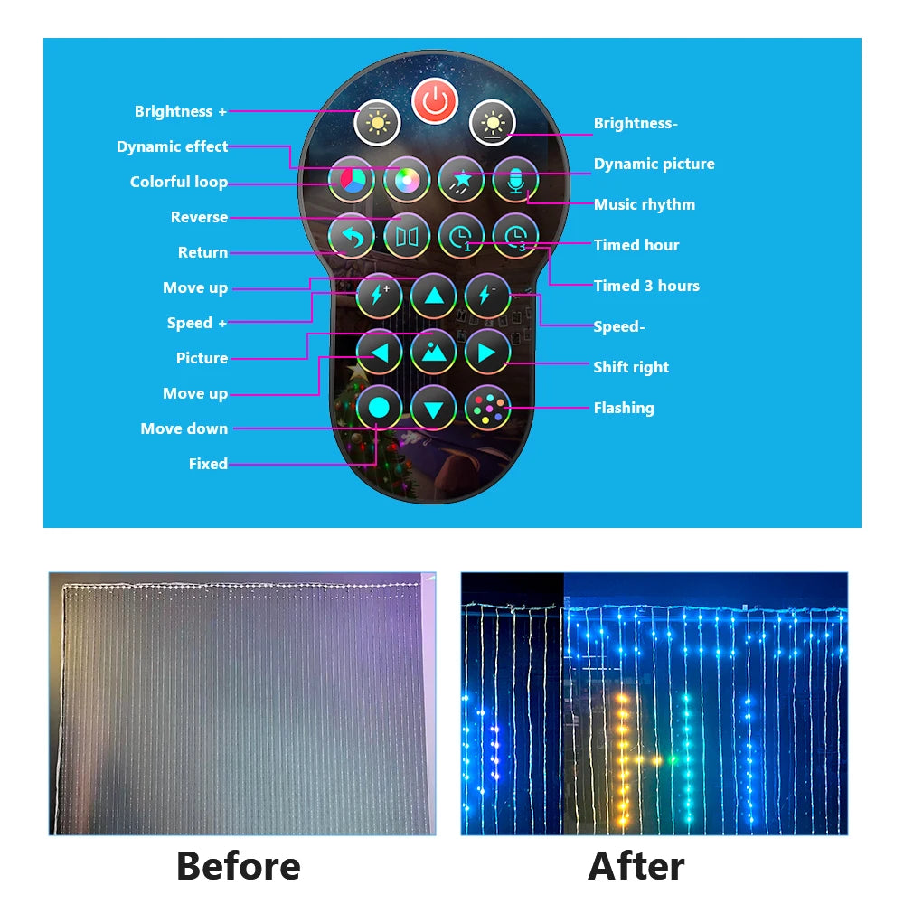 Smart Curtain Lights, 9.8 X 9.8Ft LED Curtain Lights, 400LEDs RGB Color Changing APP Programmable DIY Music-Sync String Light
