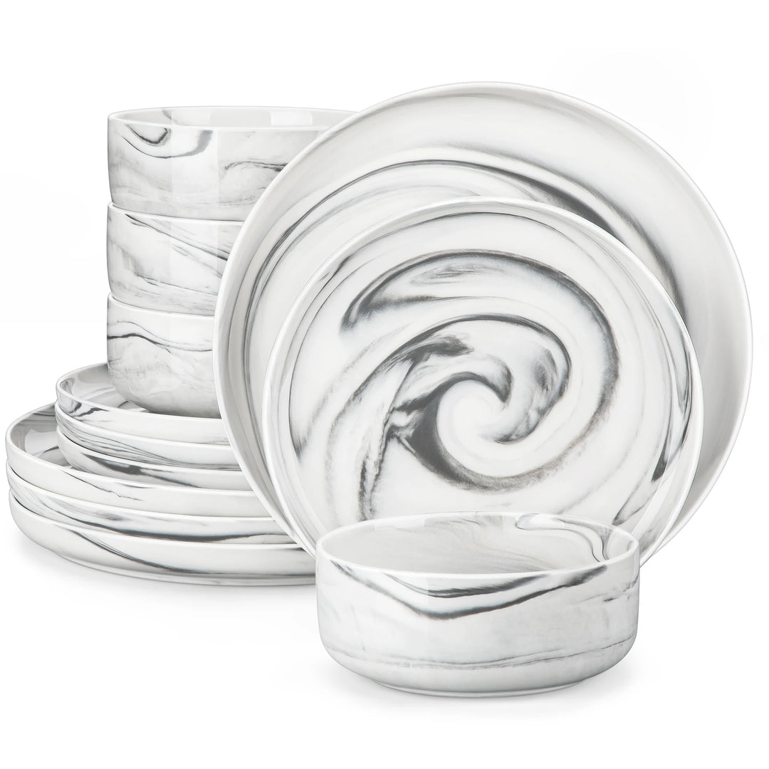 MALACASA Luna Series 24-Piece Marble Porcelain Dinnerware Set with 8 Pcs Dinner/Dessert Plates, Bowl Tableware Set Service for 4