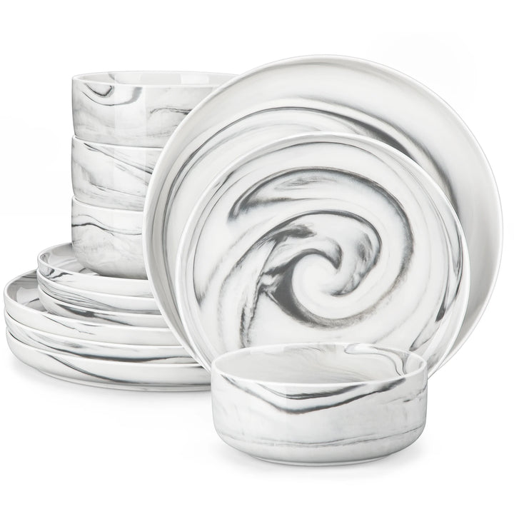 MALACASA Luna Series 24-Piece Marble Porcelain Dinnerware Set with 8 Pcs Dinner/Dessert Plates, Bowl Tableware Set Service for 4
