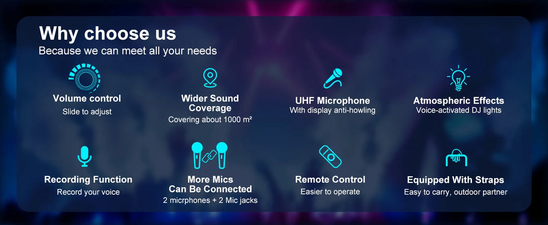 Wireless Bluetooth Speaker, Karaoke Machine with 2 Microphone, Home Karaoke Party Speaker with LED Light