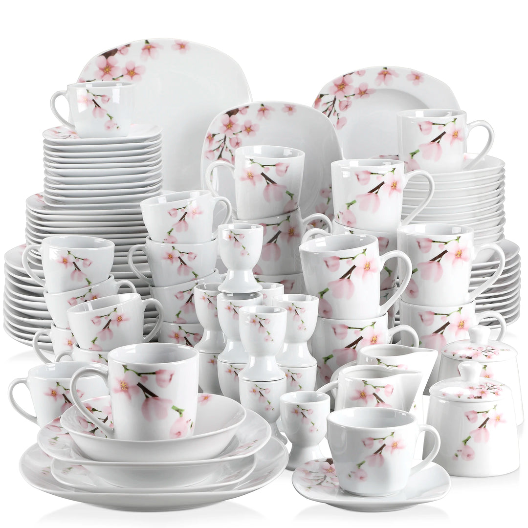 VEWEET ANNIE 50/100-Piece Porcelain Dinner Set with Egg Cup,Cup&Saucer,Mug,Dessert&Soup&Dinner Plate,Bowl,Milk Jug,Sugar Pot Set