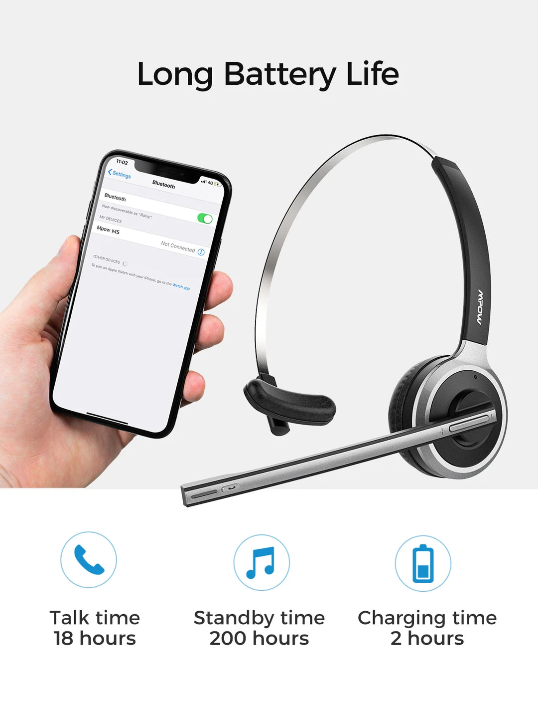 1/2 pack Mpow M5 Bluetooth V5.0 Headset Wireless Truck Driver Headphones Hands-free Call Headset with Mic for Call Center Office