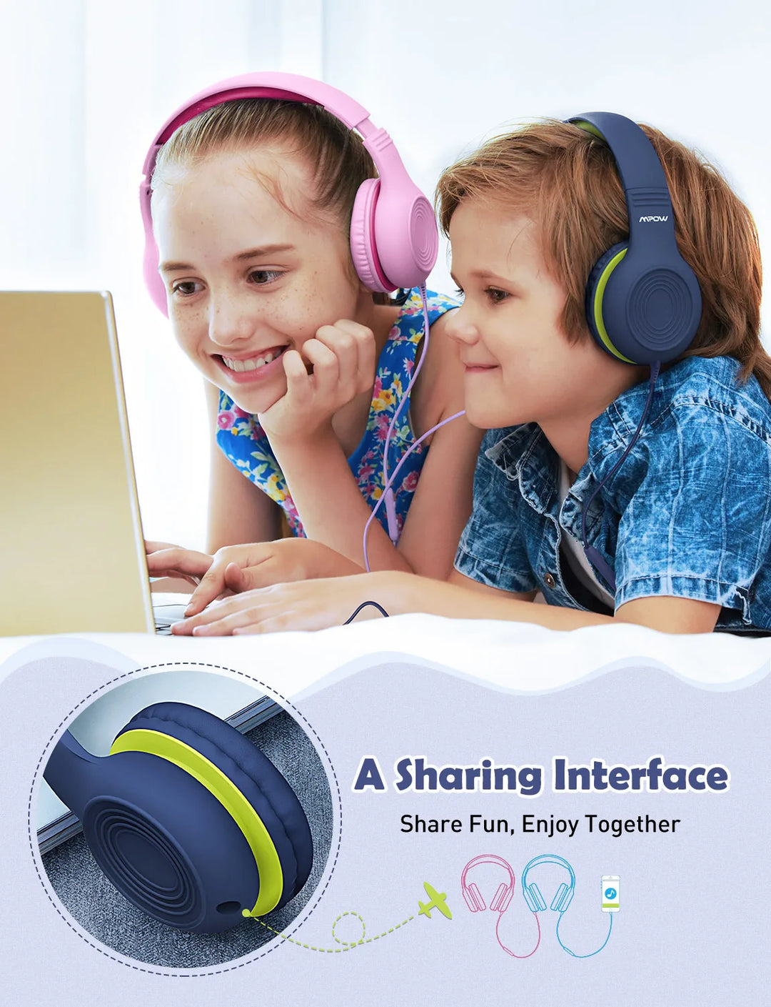 Mpow CH6 Wired Child Kids Headphones Food Grade Material 85dB Limited Volume with 3.5mm AUX Port for MP3 MP4 PC Phone Laptops