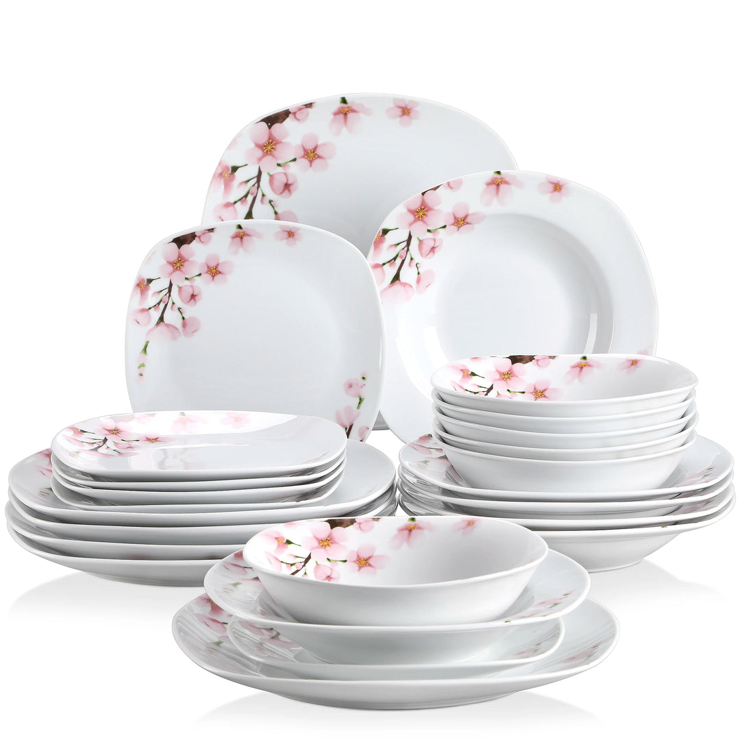 VEWEET ANNIE 24/48 PCS Porcelain Ceramic Tableware Dinner Plate Set with Bowl/Dessert Plate/Soup/Dinner Plate for 6/12 Person