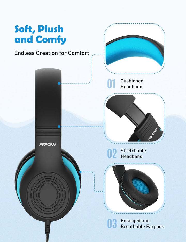 Mpow CH6S Wired Headphones For Kids With Microphone Max 85dB Food Grade Material Over-Ear Kids Headphones For iPad Kindle Phones