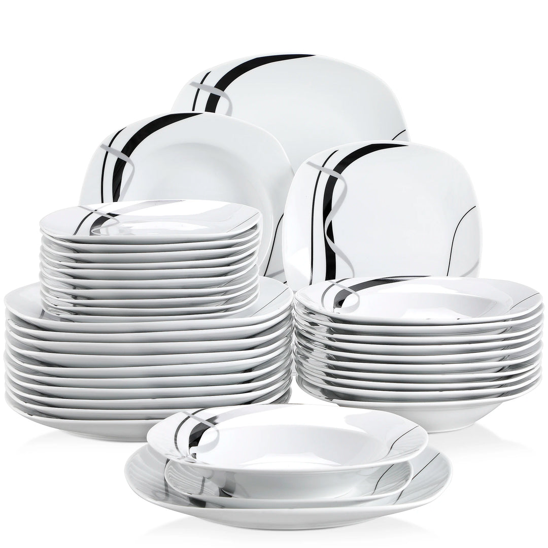 VEWEET FIONA 18/36-Piece Porcelain Ceramic Black Line Kitchen Tableware Dishes Plate Set with Dinner Plate,Dessert,Soup Plate