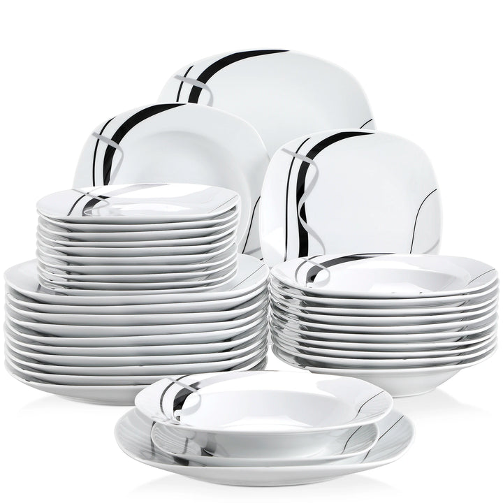 VEWEET FIONA 18/36-Piece Porcelain Ceramic Black Line Kitchen Tableware Dishes Plate Set with Dinner Plate,Dessert,Soup Plate