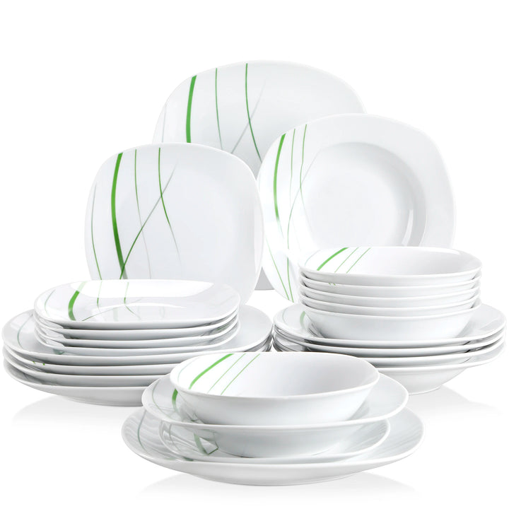 VEWEET AVIVA 24/48-Piece Ivory White Porcelain Ceramic Tableware Dinnerware Set with Soup Plate,Bowl,Dinner Plate,Dessert Plate