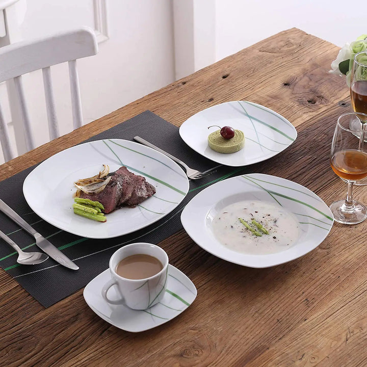 VEWEET AVIVA 30-Piece Kitchen Green Line Porcelain China Ceramic Plate Set with Dessert Plate,Soup Plate,Dinner Plate,Cup&Saucer