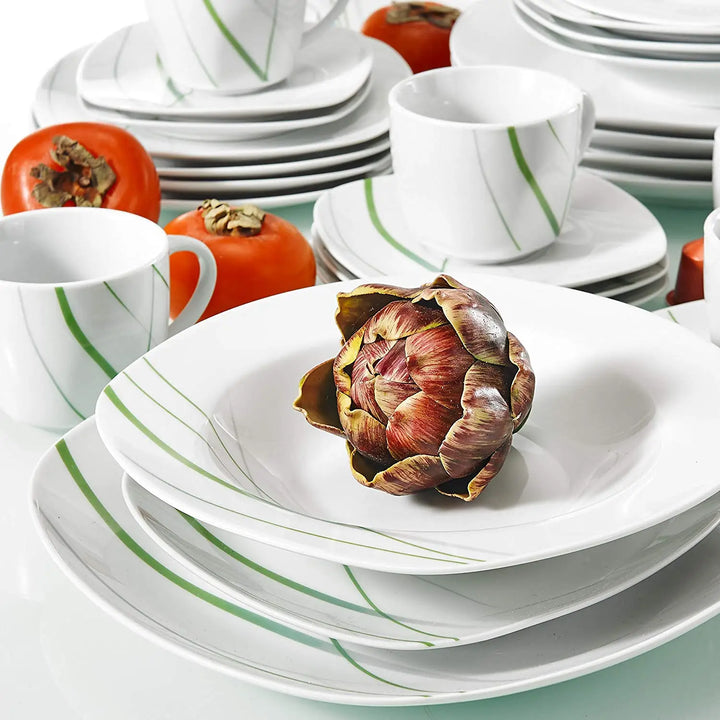 VEWEET AVIVA 30-Piece Kitchen Green Line Porcelain China Ceramic Plate Set with Dessert Plate,Soup Plate,Dinner Plate,Cup&Saucer