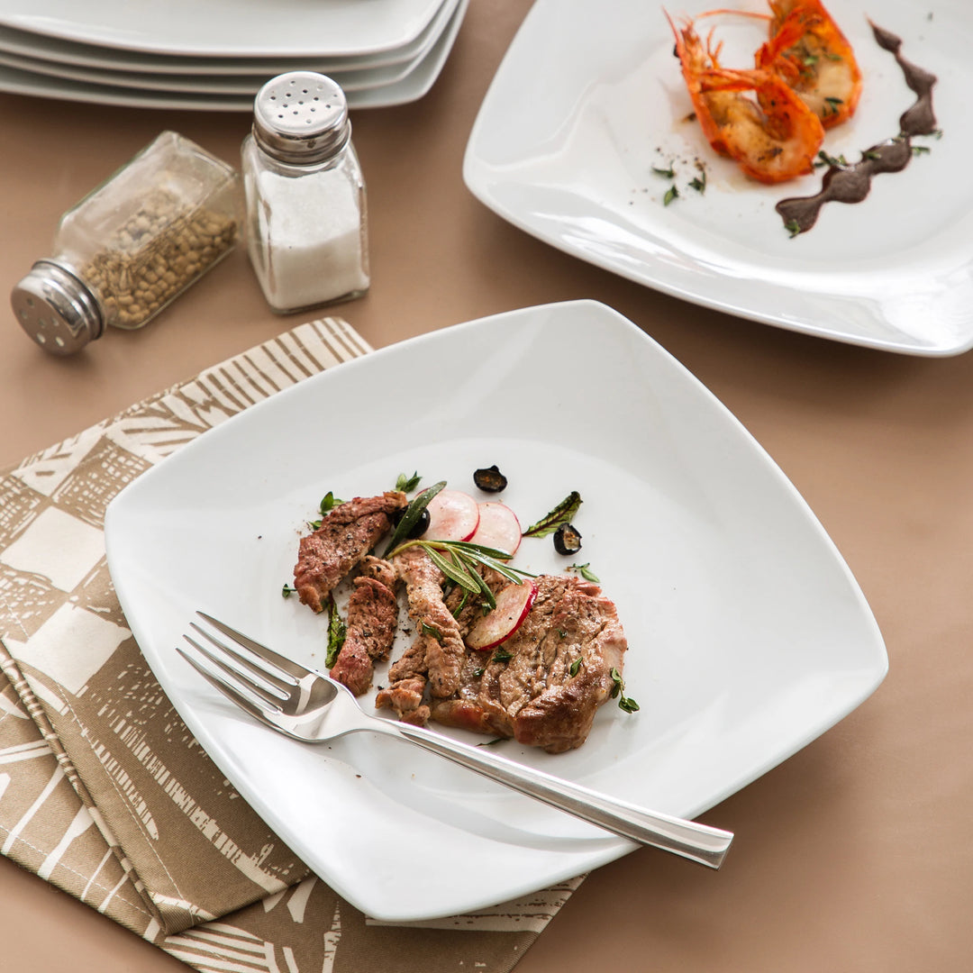 MALACASA 6/12 Piece White Square Porcelain Dinner Plate Set Dessert Plate Salad Fruit Beef Flat Plate Set (23.5 * 23.5 * 2cm)