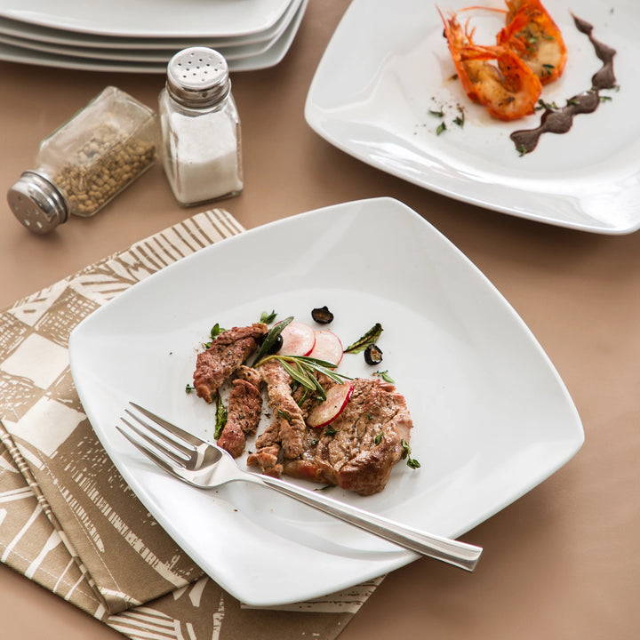 MALACASA 6/12 Piece White Square Porcelain Dinner Plate Set Dessert Plate Salad Fruit Beef Flat Plate Set (23.5 * 23.5 * 2cm)
