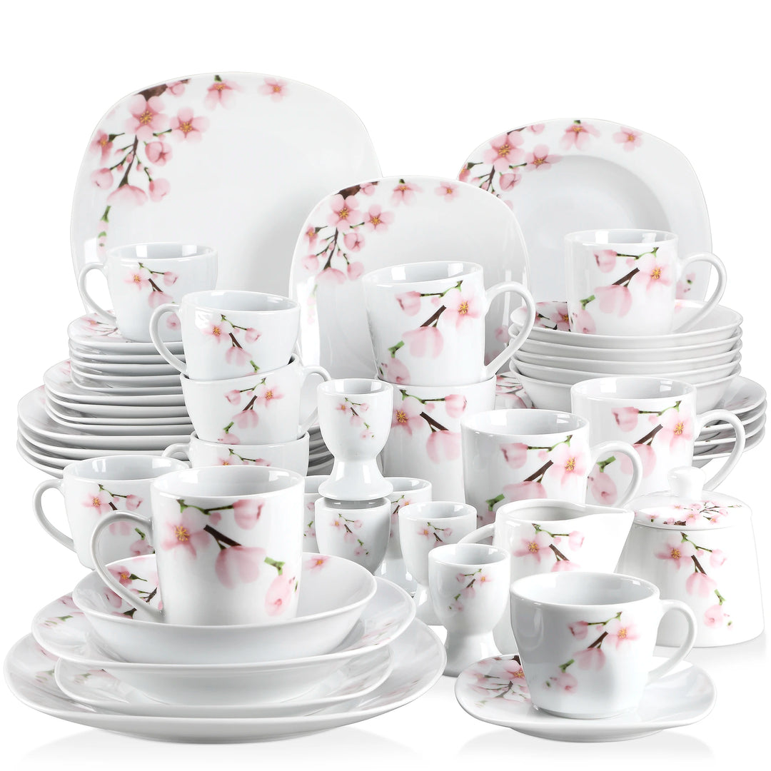 VEWEET ANNIE 50/100-Piece Porcelain Dinner Set with Egg Cup,Cup&Saucer,Mug,Dessert&Soup&Dinner Plate,Bowl,Milk Jug,Sugar Pot Set