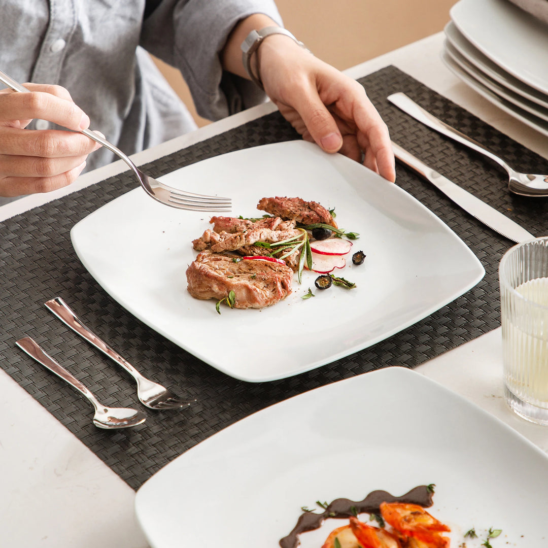 MALACASA 6/12 Piece White Square Porcelain Dinner Plate Set Dessert Plate Salad Fruit Beef Flat Plate Set (23.5 * 23.5 * 2cm)