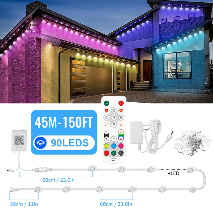 150FT 90LEDS, Permanent Outdoor LED strip Lights, Smart RGBIC Outdoor Lights With 72 Scene Modes, Garden Yard, IP68 Eaves Lights