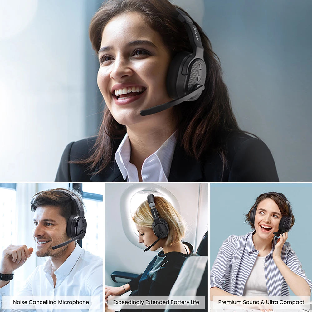 Mpow E65 2 in 1 Wireless Headphones Bluetooth 5.3 Dual/Single Office Headset with Microphone&Mute Switch 35H for Trucker Driver