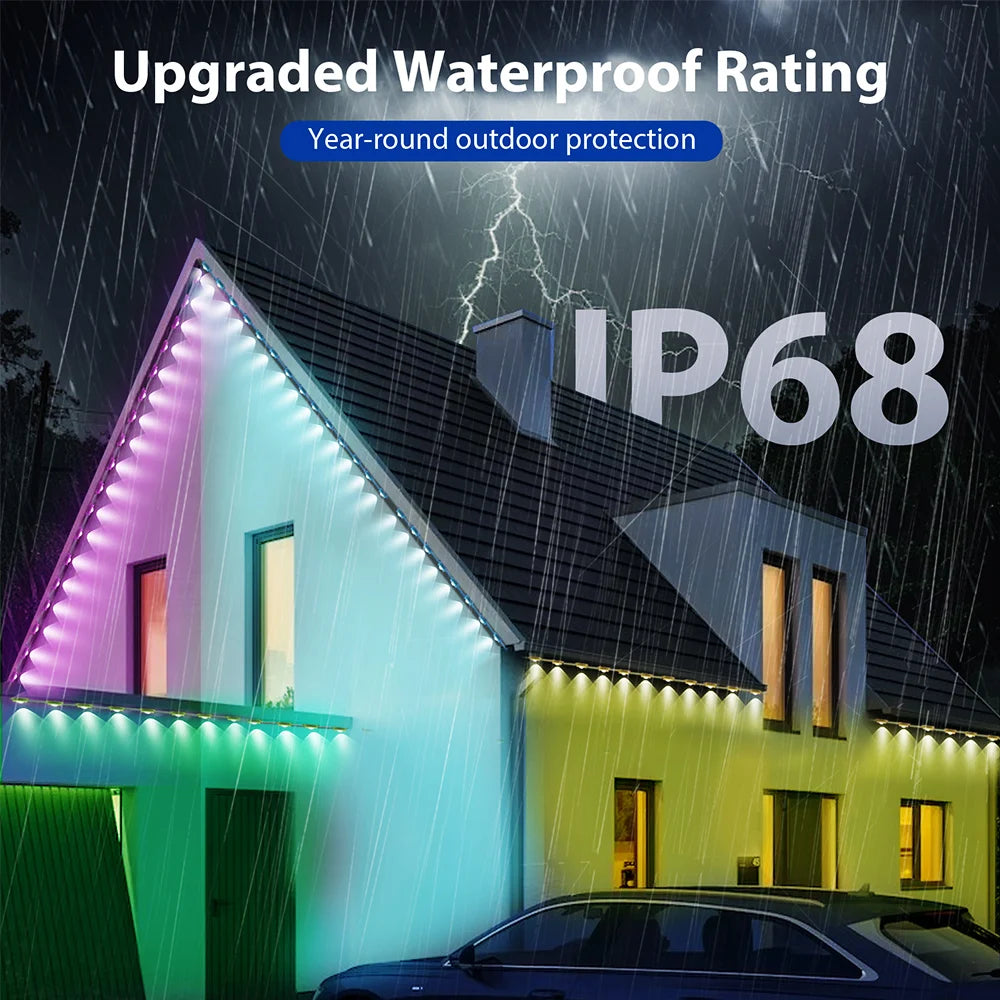 100ft 60-Light Smart RGB LED Eaves Lighting LED light strip - 75 Color Modes, Remote & App Control, Waterproof Outdoor