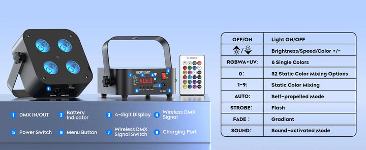 U'King 4Pcs Mini Battery Powered Rechargeable Par Light 4X18W RGBWA UV Stage Light DMX512 LED Uplight For Festival Party Wedding