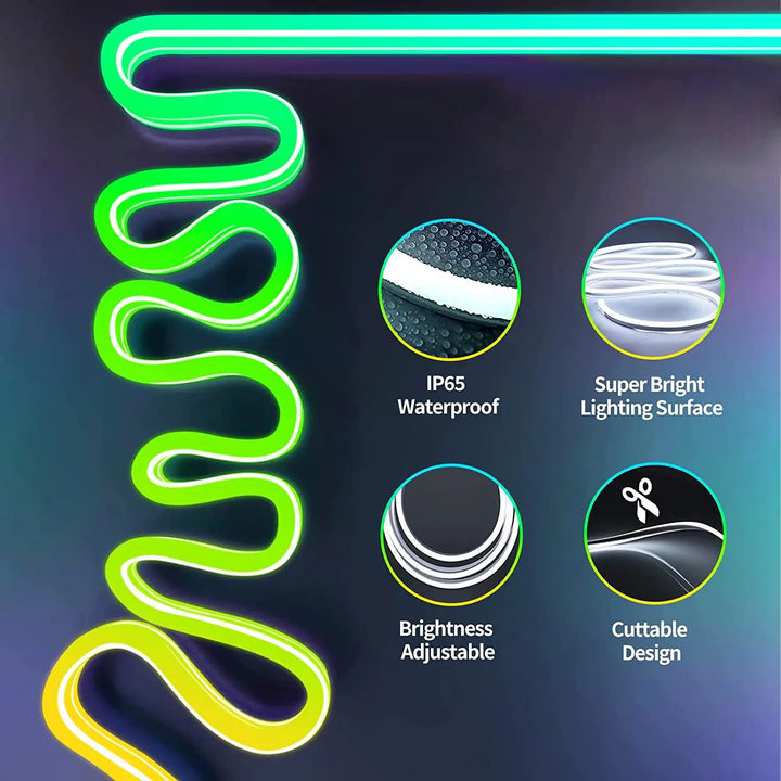 neon rope lights,GB Led Strip Lights, Waterproof IP67, DIY Design, Music Sync,  Remote Control, Multiple Modes