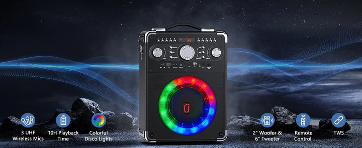 FanFun Karaoke Speaker with 3 Wireless Microphone, Bluetooth Speaker with LED Light, Portable Outdoor Party Speaker