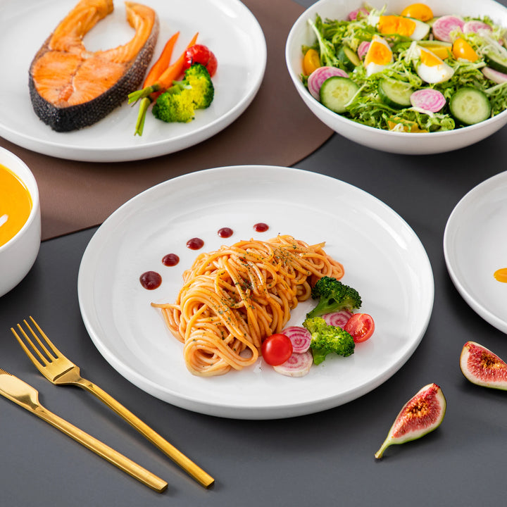 MALACASA 16/32 Piece White and black Rim Porcelain Dinnerware Set Curved Edge with 4 pcs dinner plate/Dessert Plate/Soup/Bowl