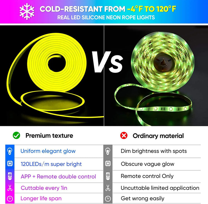 neon rope lights,GB Led Strip Lights, Waterproof IP67, DIY Design, Music Sync,  Remote Control, Multiple Modes