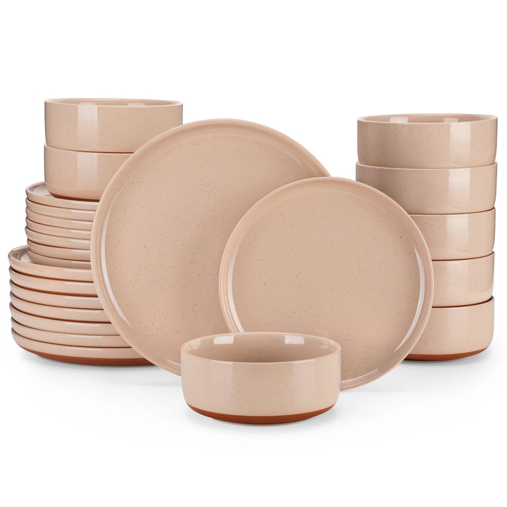 MALACASA TARA 12/24 Pcs Dinnerware Set Curved Edge Sesame Glaze Stoneware Plates Set With 4/6pcs Dinner Plate/Dessert/Bowl