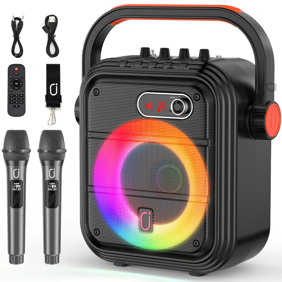 FanFun Bluetooth Speaker, Portable Wireless Speaker with FM Radio, Karaoke Machine with 2 Microphone, Home Karaoke System