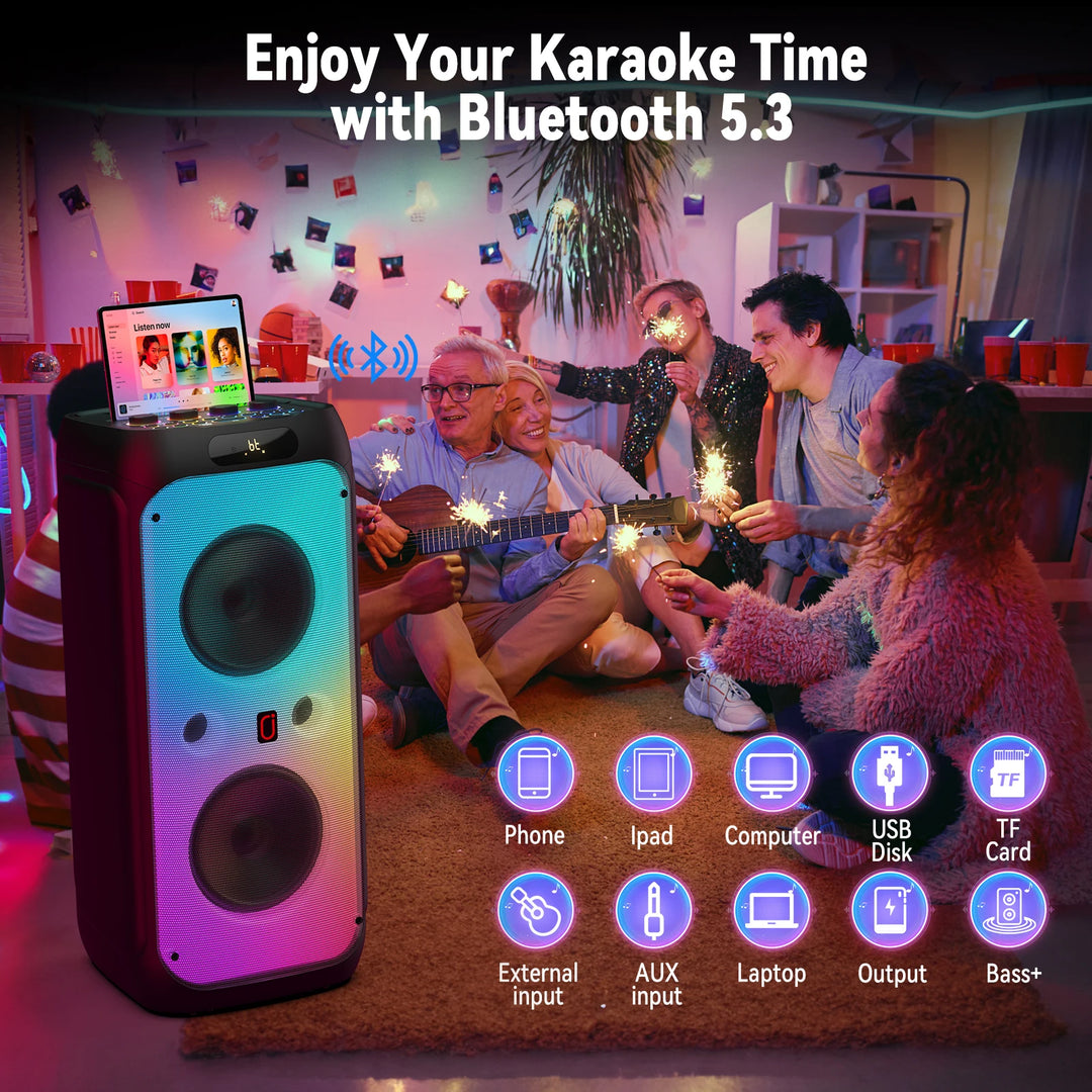 FanFun 500W Large Bluetooth Speaker, Wireless Speaker with LED Party Light, Karaoke Machine with 2 Microphones, Karaoke Speaker
