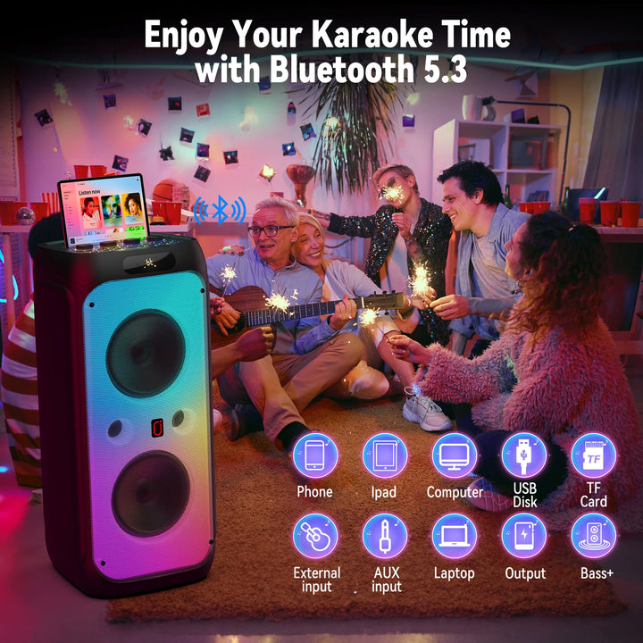 FanFun 500W Large Bluetooth Speaker, Wireless Speaker with LED Party Light, Karaoke Machine with 2 Microphones, Karaoke Speaker