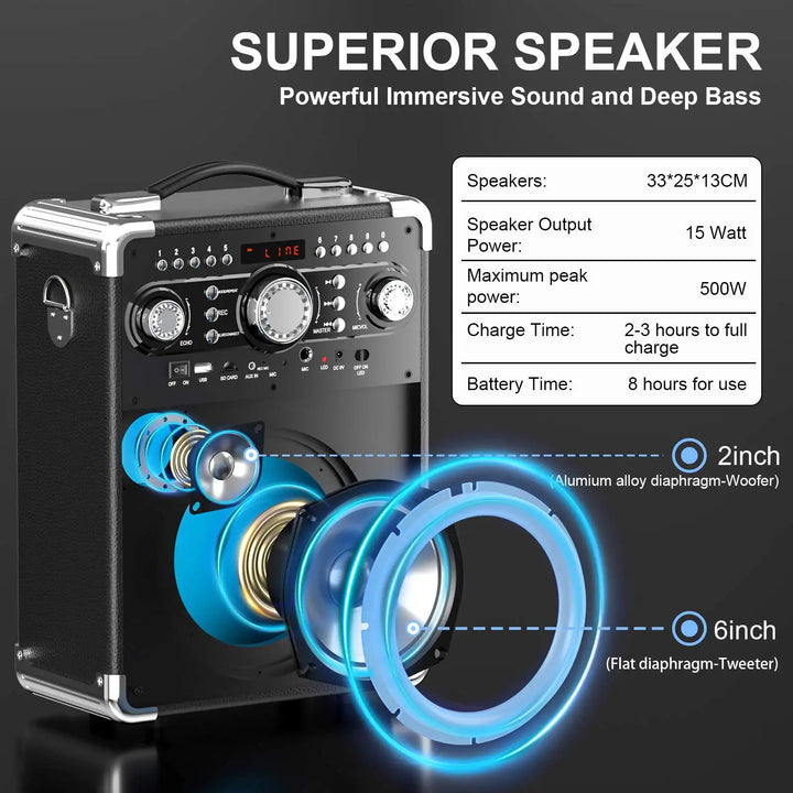 S8 Kara Ok with 2 Microphones, Portable Bluetooth 5.3 Kara Ok Speaker, Suitable for Outdoor Activities, Parties and Parties