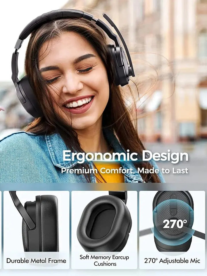 Mpow E65 2 in 1 Wireless Headphones Bluetooth 5.3 Dual/Single Office Headset with Microphone&Mute Switch 35H for Trucker Driver