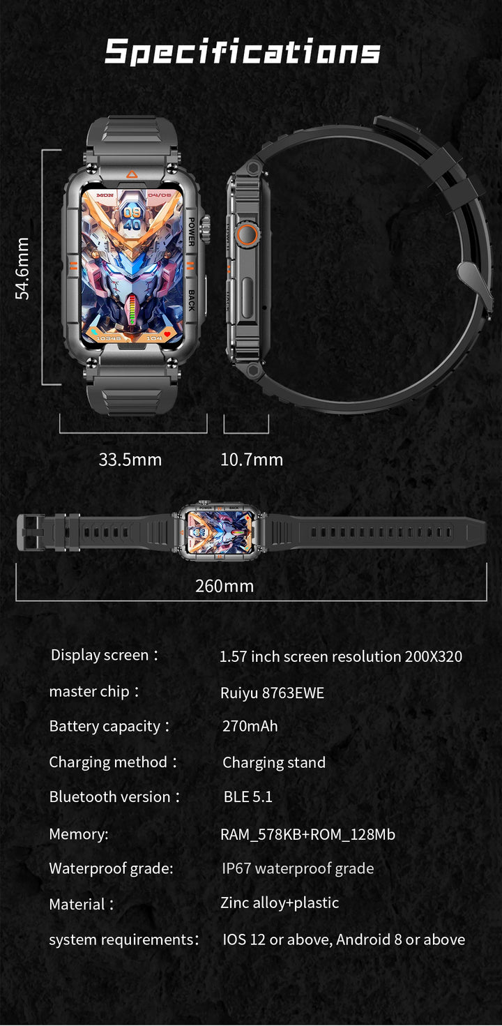 EIGIIS New Military Smart Watch 100+ Sports Modes Health Monitor Bluetooth Call IP67 Waterproof KR88