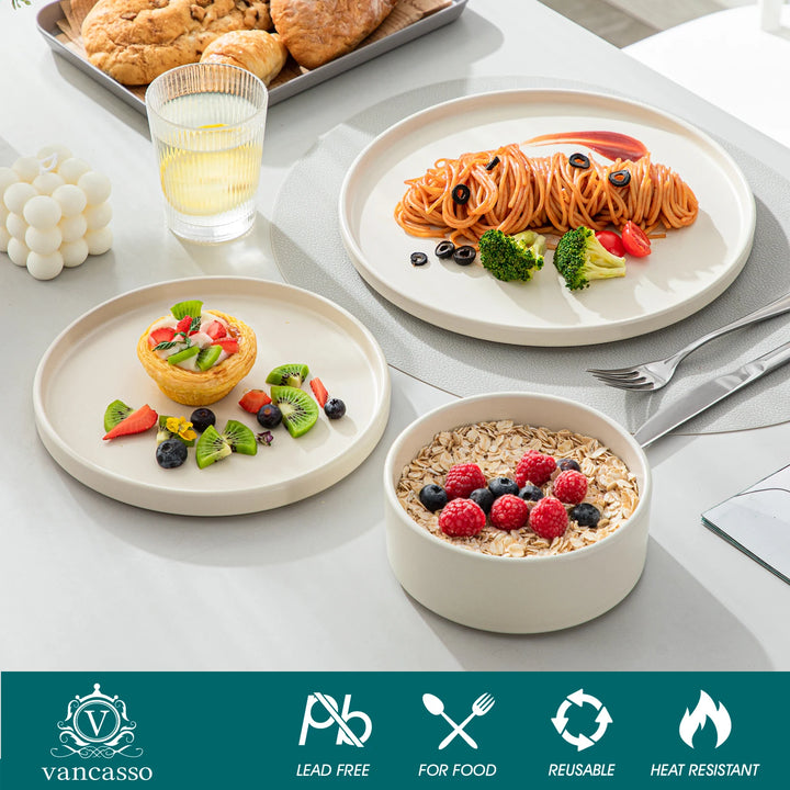 VANCASSO VENUS Serie 12/24/36 Piece CREAM WHITE Stoneware Tableware Set with Dinner/Dessert Plate/Bowl For 4/8/12 People