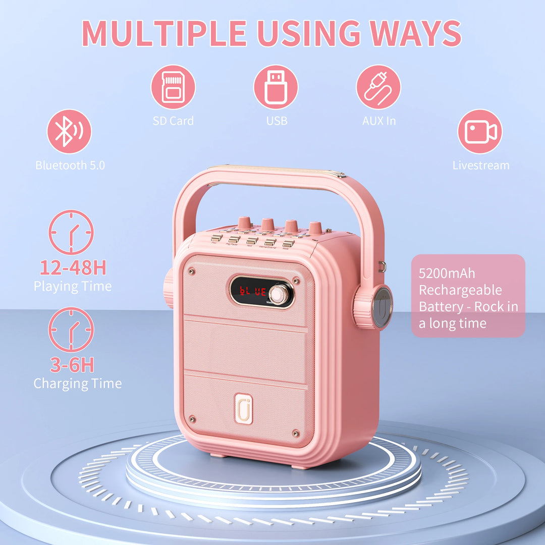 Portable Wireless Karaoke Machine-Adult Singing Speaker with 2 Wireless Microphones,TF Card/ USB Support with Remote Control