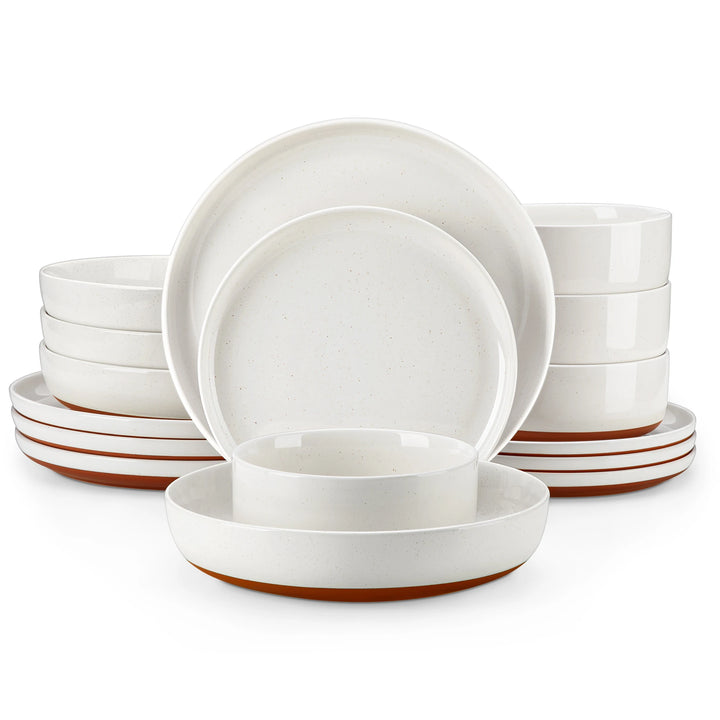 MALACASA TARA 16/32 Piece Stoneware Dinnerware Set Mix-Color Sesame Layered Glaze with 6PCS Dinner plate/Dessert plate/Soup/Bowl