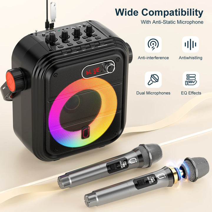 FanFun Bluetooth Speaker, Portable Wireless Speaker with FM Radio, Karaoke Machine with 2 Microphone, Home Karaoke System