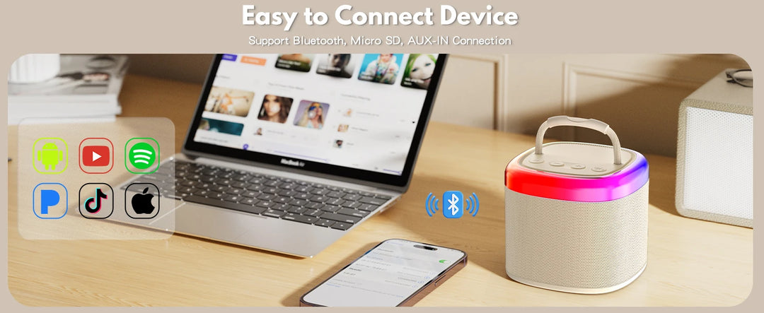 Portable Bluetooth Speaker, Wireless Mini Speaker with 2 Microphone, 5 Mode Voice Effect, LED Party Light