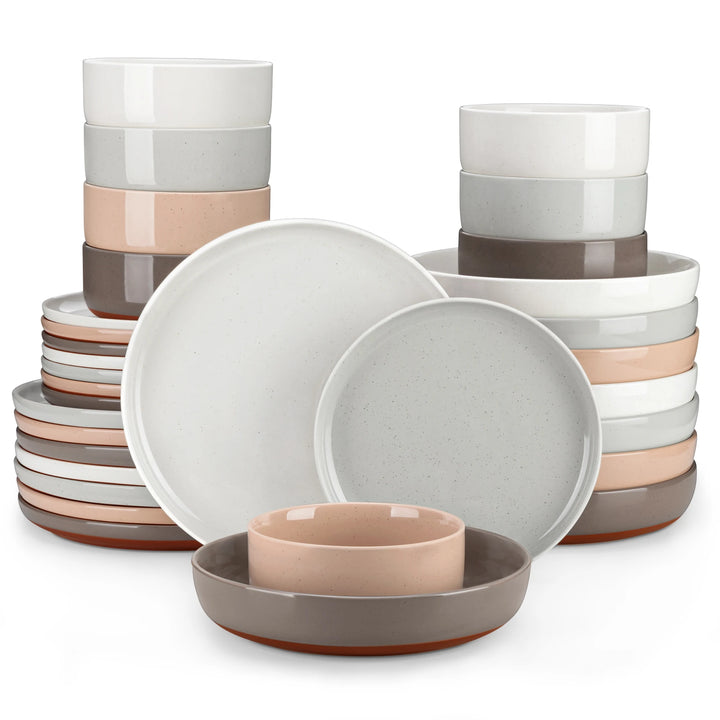 MALACASA TARA 16/32 Piece Stoneware Dinnerware Set Mix-Color Sesame Layered Glaze with 6PCS Dinner plate/Dessert plate/Soup/Bowl
