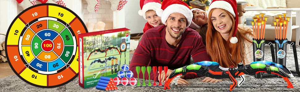 VATOS 2X Bow Arrow + Guns Toy For Kids LED Light Up Archery with Suction Cup Stand Target Dart Board Indoor Outdoor Game Toys