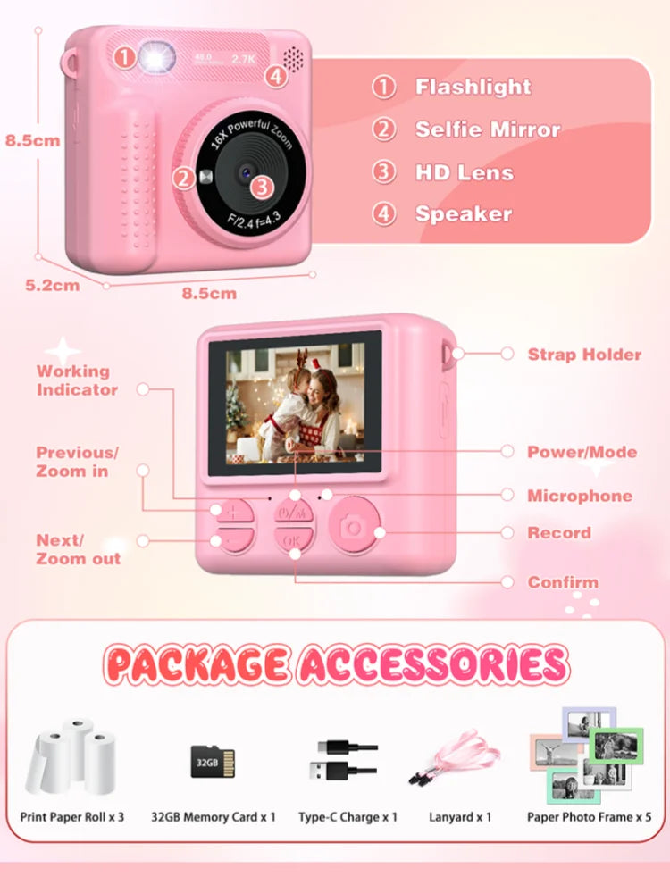 Kids Camera Instant Print 12MP 1080P Digital Camera Toddler HD Video Camera Print Photo Portable Toy Age 3+ Girl Christmas Gift