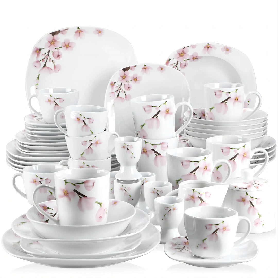 VEWEET ANNIE 50/100-Piece Porcelain Dinner Set with Egg Cup,Cup&Saucer,Mug,Dessert&Soup&Dinner Plate,Bowl,Milk Jug,Sugar Pot Set