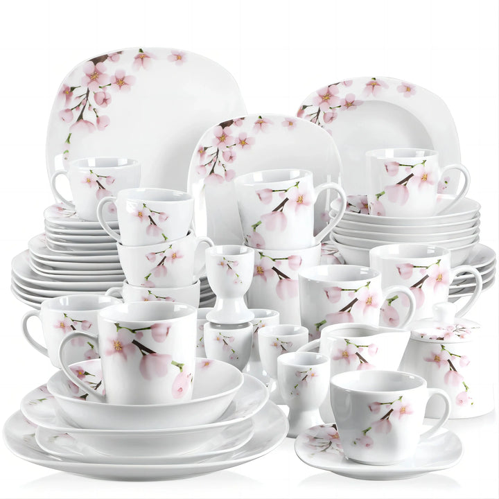 VEWEET ANNIE 50/100-Piece Porcelain Dinner Set with Egg Cup,Cup&Saucer,Mug,Dessert&Soup&Dinner Plate,Bowl,Milk Jug,Sugar Pot Set