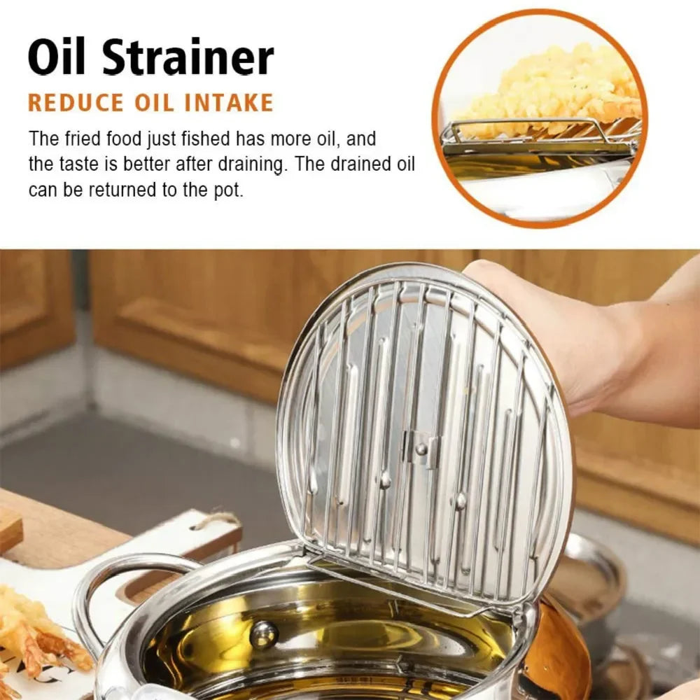 304 Stainless Steel Deep Fryer Pan with Thermometer Kitchen Tempura Deep Fryer Pot for Chicken French Fries Fish Shrimp