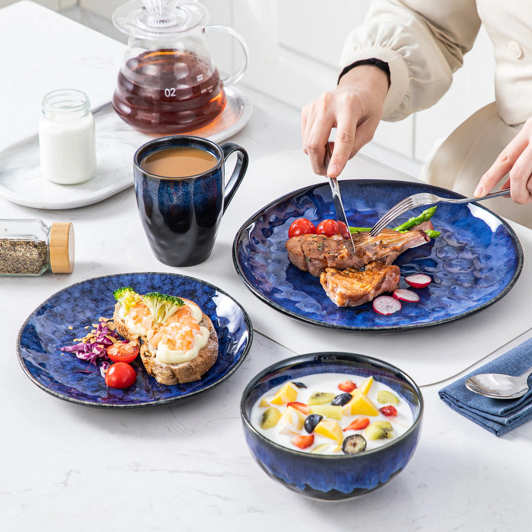 vancasso 16/32/48-Piece Starry Blue Dinner Set,Kiln Change Glaze Tableware Dinner Set with Dinner Plate,Dessert Plate,Bowl,Mug