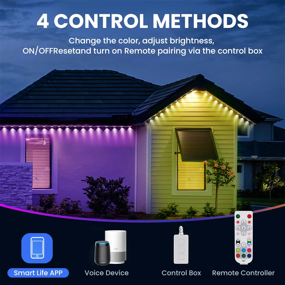 100ft 60-Light Smart RGB LED Eaves Lighting LED light strip - 75 Color Modes, Remote & App Control, Waterproof Outdoor